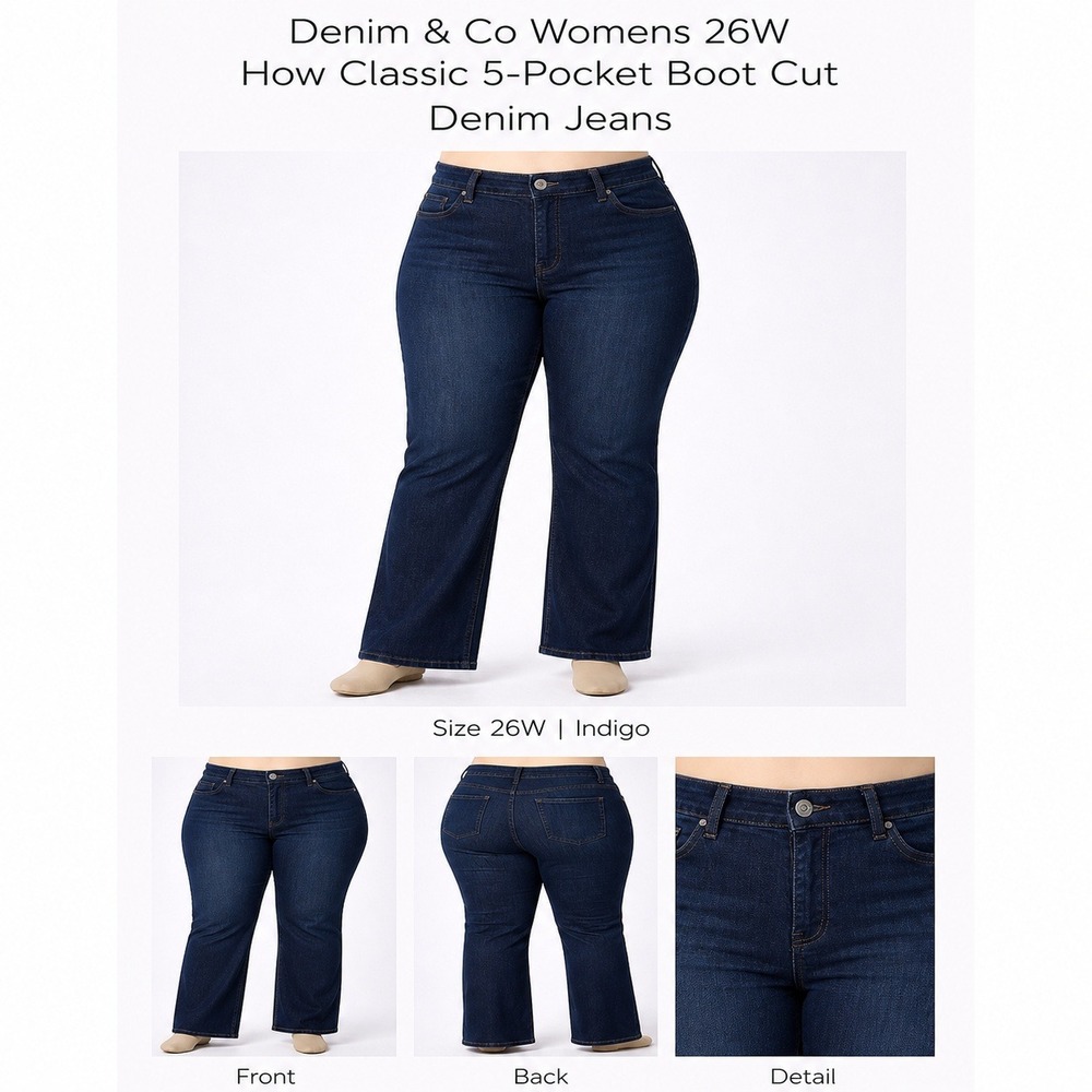 Denim & Co Womens 26W How Classic‎ 5-Pocket Boot Cut Denim Jeans Indigo Blue NWT